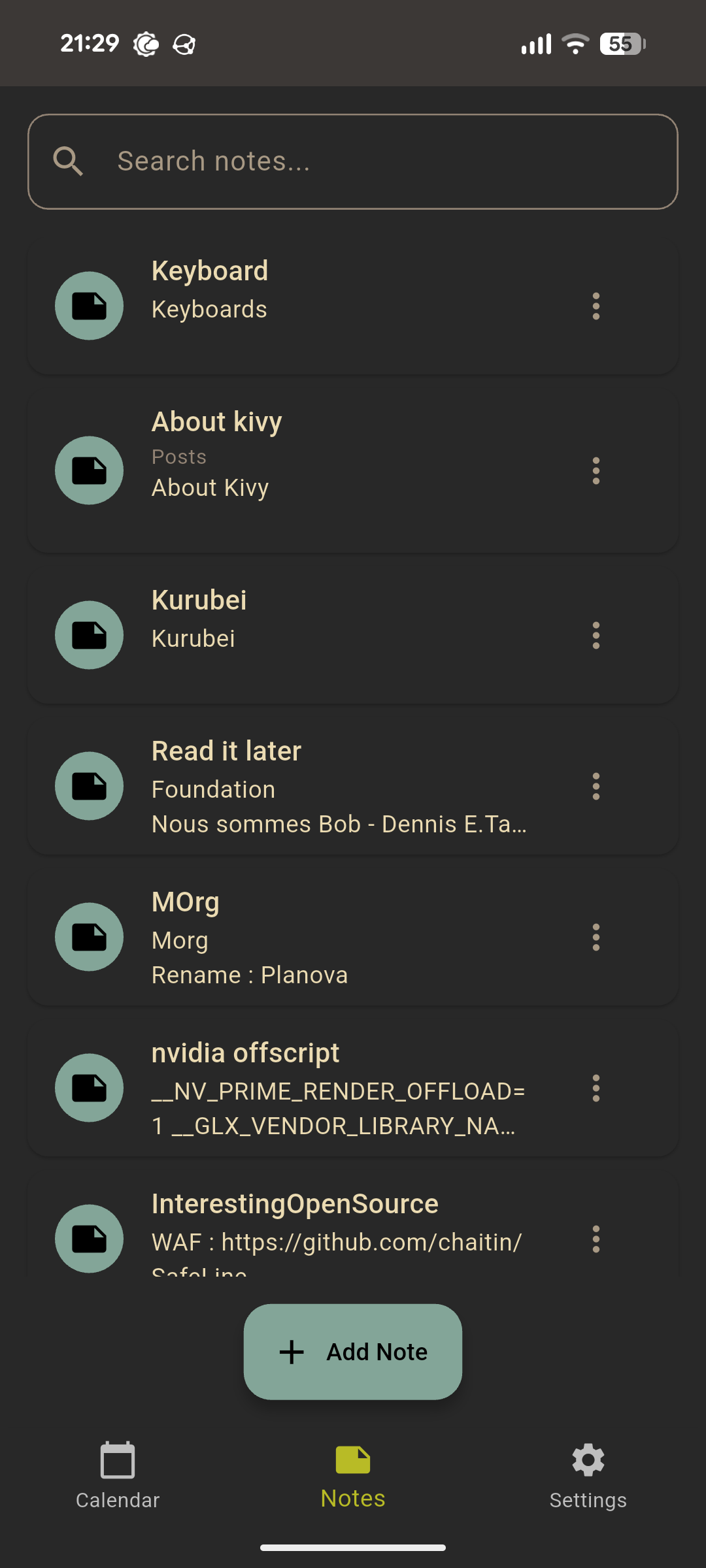 PlaneTxt Notes List